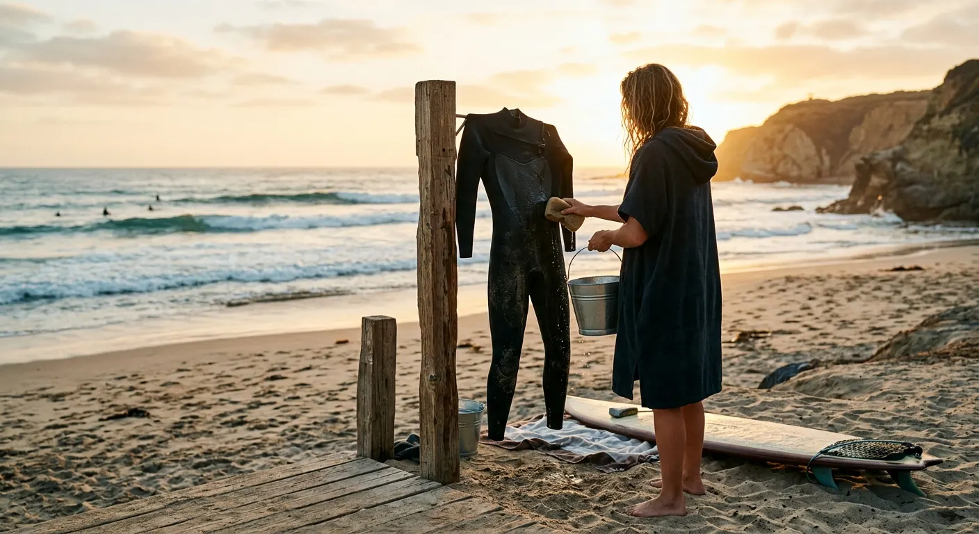 Wetsuit hanging inside-out on a wide-shoulder hanger beside a beach shower block, water dripping from the cuffs, overcast coastal light, sand and concrete in the foreground