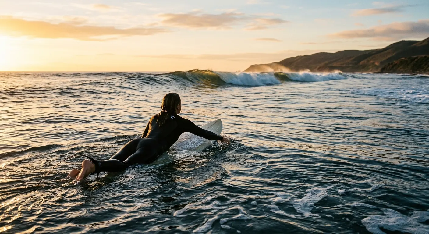 A surfer paddling into clean waves at dawn